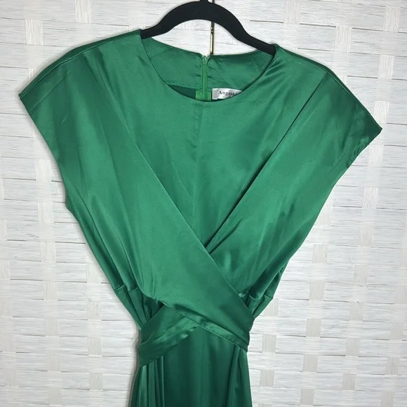 Angashion Kelly Green Satin Dress Sleeveless Cross Front Midi Dress Size Large - Picture 5 of 14